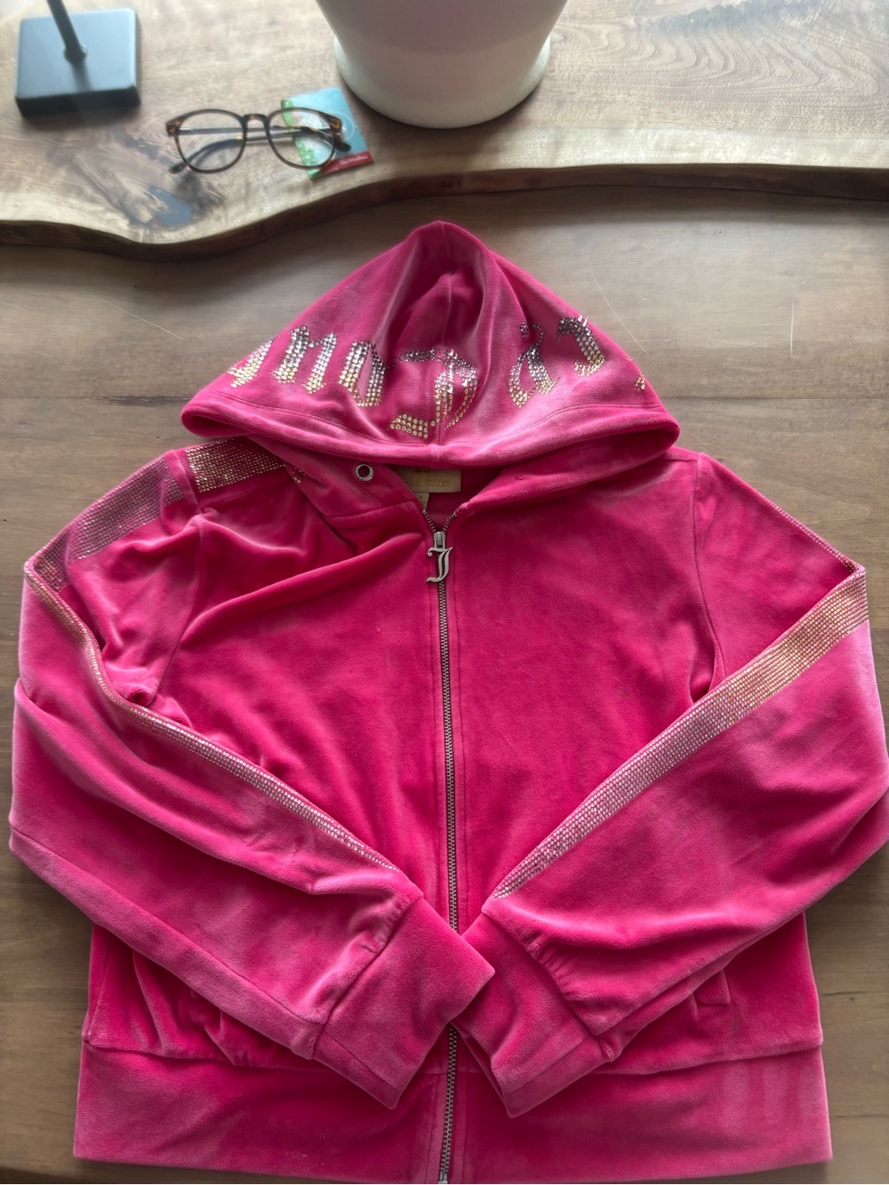 Juicy Couture Hot Pink Velour Zip Hoodie with Rhinestone Trim